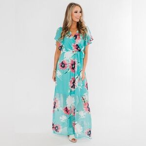 Pulse Floral Maxi Dress in Aqua with Pink & White Accents